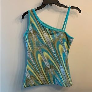 Turquoise Multi-Pattern One-Shoulder Women’s Tank Top